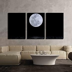 3 Piece Canvas Wall Art - Full Moon Over Water with Abstract Shining Water - Modern Home Art Stretched and Framed Ready to Hang - 16"x24"x3 Panels