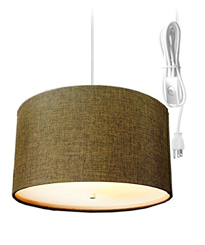 2 Light Plug-In Pendant Light By Home Concept - Hanging Swag Lamp Shallow Drum Chocolate Burlap - Perfect for apartments, dorms, no wiring needed (Brown, White two-light)