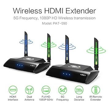 Artek PAT590 Wireless HDMI Extender with Loop-Out IR Pass-Back Support 1080P@60Hz Full HD Can Transmit Up to 150m 492ft (Line of Sight), WiFi HD AV Transmitter and Receiver