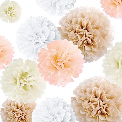 EpiqueOne Party Decor Pom Pom Set (12 pcs): Neutral Color Flower Decorations, Paper Tissue Pompoms For Celebrations & Events, Birthday, Baby & Bridal Showers, Weddings [White, Ivory, Peach, Champagne]