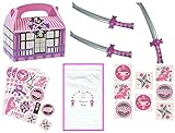 Ninja Girl Pink Party Favor Bundle Pack Enough for 12 Kids (12 treat boxes, 12 Inflatable Swords, 72 temporary tattoos, 12 Sticker Sheets)