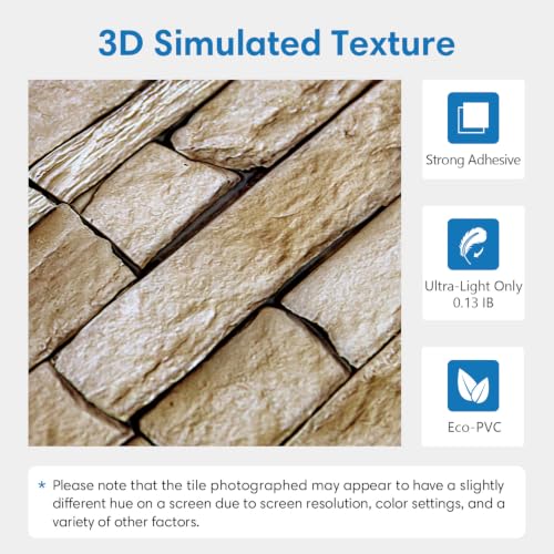 COMSTICKC 3D Stone Adhesive Panels, Brown, 10 Pieces 30 x 30 cm, 3D Brick Wall Stickers, PVC Faux Stone Panel for Decorative Interior Walls Kitchen, Bathroom, Living Room