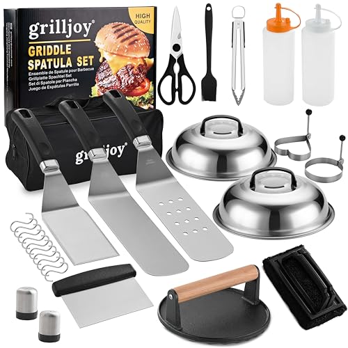 grilljoy Grill Accessories Set, Smash Burger Kit with Spatula Set, Smash Burger Press, Gift Plancha Kit Dad Men, 28 Pieces Utensils for Fire Bowl, Teppanyaki, Outdoor Barbecue, Camping