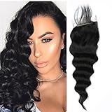 Usheen Hair Loose Wave Closure Brazilian Virgin Human Hair Loose Deep Wave Pre Plucked Lace Closure Crochet 4x4 Closure with Bleached Knots Free Part Can Be Dyed and Bleached 8 Inch Closure Human Hair