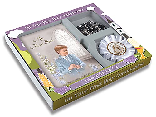 celebrationgiftsforall Boy First Holy Communion Hardback Mass Book, Prayer Card/Book Mark, Rosary & Rosette