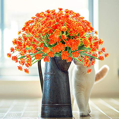 TEMCHY Artificial Daffodils Fake Large Flowers, 4 Bundles Orange UV Resistant Faux Greenery Foliage Plants Shrubs for Garden, Wedding, Outside Hanging Planter, Farmhouse Indoor Outdoor Decor