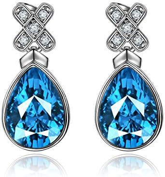 Forcolor Teardrop Blue Sapphire SWAROVSKI WLEMENTS Crystal Earrings White Gold Plated jewelry