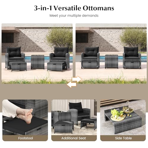 Tangkula 5 Piece Patio Rattan Furniture, Wicker Cushioned Chairs Set with 2 Ottomans & Tempered Glass Coffee Table, for Poolside, Backyard, Lawn, Deck