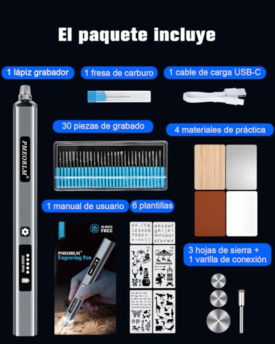 vueowcue Engraving Pen - Electric Engraving Pen with LCD Display, LED Light, 5 Speeds, 30+ Accessories and Fast Charging USB-C Portable Wireless Tool (Grey)