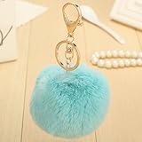 Minigianni Rabbit Fur Ball Pom Pom Keychain Gold Plated Keychain Pendant for Handbag Wallet Purse Car Key (Light Blue)