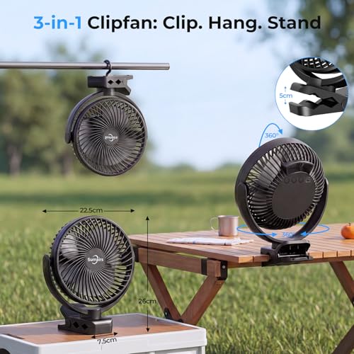 Sumairs 8" Clip on Fan, 10000mAh Rechargeable Camping Fan with Max 58H Battery, Remote, LED Light & Power Bank, 3 Speeds, 360° Rotate Desk/Hanging Tent Fan Portable for Outdoor,Travel, Gym & Office F3