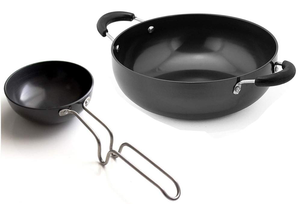 Satre Online and Marketing Hindalco Aluminium Cookware Kadai Pan Size No-13 with Tadka Pan Size No-5 Combo Set of 2 Pcs, color-Black