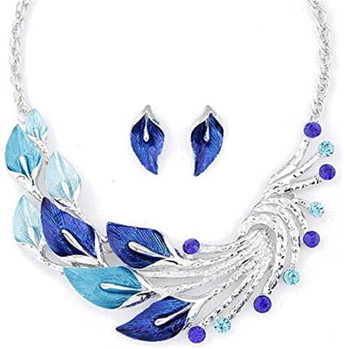JSDY Womens Girls Bohemia Drawing Peacock Leaves Pendants Necklaces Earrings Set Blue