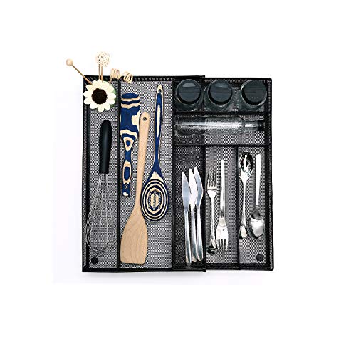 Iris'Home Expandable Silverware Organizer Mesh Cutlery Tray 7 Compartments. Kitchen Drawer Utensil Organizer Flatware Storage with Non-slip Foam Feet - Black