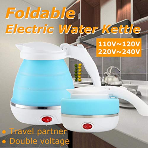 Puyujin Ultrathin Upgraded Food Grade Silicone Travel Foldable Electric Kettle Boil Dry Protection Portable with Dual Voltage and Separable Power Cord, 555ML 110-220V US Plug (Blue)