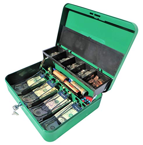Cash Box with Money Tray | Petty Cash Lock Box | Tiered Design with Cash Tray for Bills and Coins | Portable Money Box | Ideal for Cash Registers and Petty Cash | Secure Lock with 2 Keys | Scout Green - Thumbnail 3