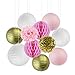 SUNBEAUTY Pack of 11 8''(20cm) Gold Pink White Paper Crafts Paper Honeycomb Balls Paper Lanterns Tissue Paper Pom Poms for Birthday Wedding Party Decoration