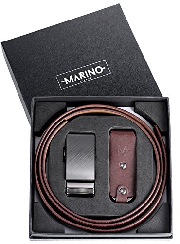 Marino Men's Genuine Leather Ratchet Dress Belt with Automatic Buckle, Enclosed in an Elegant Gift Box - Gunblack Silver - Custom: Up to 44" Waist