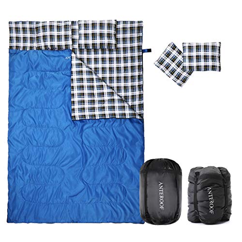 Double-Sleeping-Bag-Cotton-Flannel-Waterproof-Outdoor-Backing-Sleeping-Bag-with-2-Pillow-and-Compression-Bag-Camping-Envelope-Sleeping-Bag-for-Adults-Kids-Camping-Gear-Equipment-Traveling