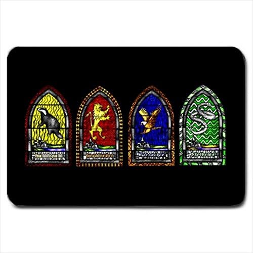 Hogwarts Stained Glass of Gryffindor Slytherin Ravenclaw and Hufflepuff Large Doormat Neoprene Backing Non Slip