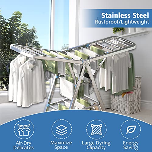 3 Tier Extendable Clothes Drying Rack, 1.8M Compact Stainless Clothes Stand,Winged FreeStanding Laundry Dryer Rack for Drying Clothing Indoor Outdoor,Height-Adjustable Wings,33 Rails,Sock Clips,Wheels