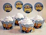 Fatflyshop - 24 Pieces/lot Despicable Me Minions Cupcake Wrappers Cake Toppers Picks Decoration Kids Birthday Party Favors Supplies