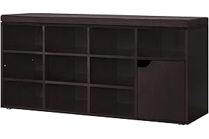 DINZI LVJ Shoe Bench, Entryway Storage Bench with Door and 10 Cubbies, Cubby Shoe Rack with Adjustable Shelves, Shoe Organizer Cabinet for Living Room, Bedroom, Mudroom, Closet and Garage, Espresso