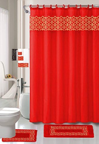 18 Piece Elegant Bathroom Set: 2-Rugs/Mats (1-Contour Rug, 1-Bath Mat) Poly Acrylic Pile Rubber Backing, 1-Fabric Shower Curtain, 12-Fabric Covered Rings, 3-Piece Decorative Towel Set (Red)