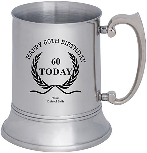 Personalised Laser Engraved 1 Pint Stainless Steel Tankard With Happy 60th Birthday Wreath Design