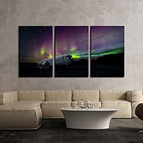 3 Piece Canvas Wall Art - Wreckage of The Air Craft Under Aurora - Modern Home Art Stretched and Framed Ready to Hang - 16"x24"x3 Panels