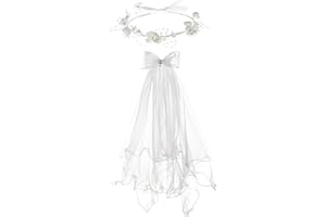 Merroyal Girls Communion Bow and Dangle Cross Charm with 24 Inch Veil on Hair Comb,with White Floral Crown