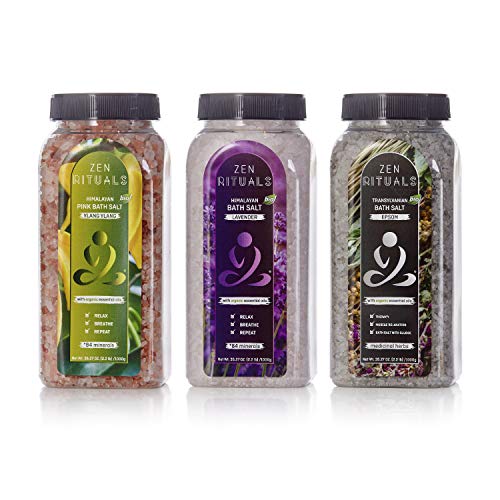 Zen Rituals Bath Salt Set – Organic Lavender Himalayan Salt, Ylang Ylang Pink Salt With Minerals and Transylvanian Epsom Salt With Medical Herbs – Bundle Pack 3 Bottles, 6.6 lbs