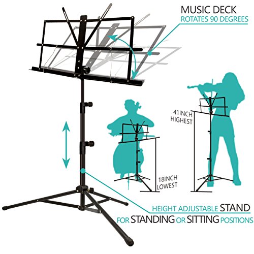 Music Stand, ANKO Professional Collapsible Music Stand with Music Book Clip, LED Music Stand Lamp and Carrying Bag. suitable for Violin, Guitar, Flute and Instrumental Performance. (BLACK-1 PACK)