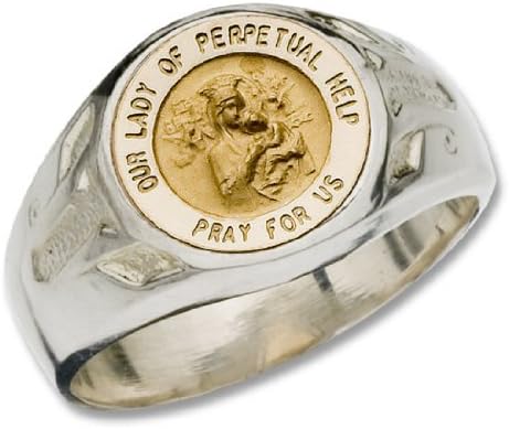 Sr450tt-ph Two Toned Ring Sterling Silver with 14 Kt Gold Insert" Our Lady of Perperpual Help Pray for Us" (Sizes 6 to 13)