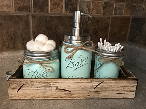 image for Wooden Hearts Ball Mason Jar BATHROOM SET in Antique WHITE Tray ~Cotto