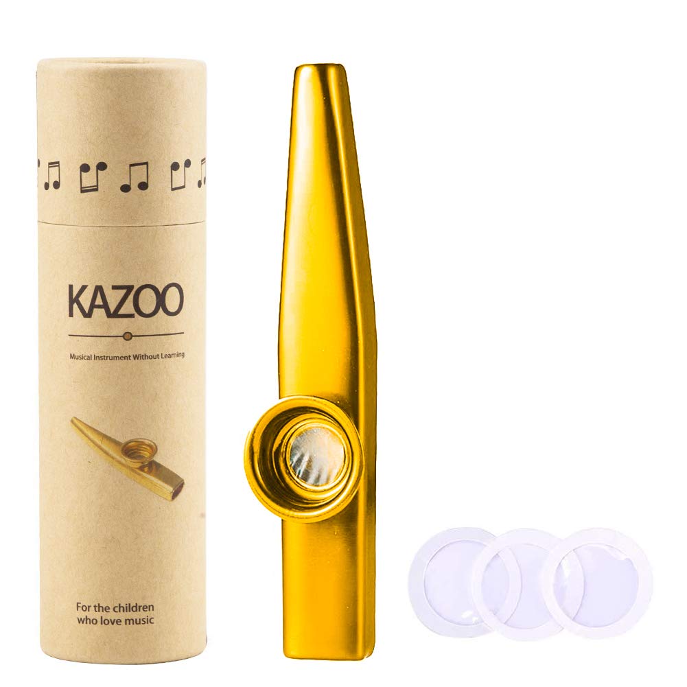WANDIC Gold Kazoo Musical Instruments Sets Aluminum Alloy Instrumental Accompaniment with 3 Pack Kazoo Membrane Reed
