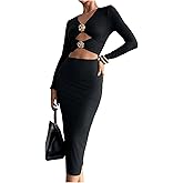GORGLITTER Women's Flower Long Sleeve Cut Out Midi Dress V Neck Fall Casual Cocktail Formal Going Out Bodycon Dresses