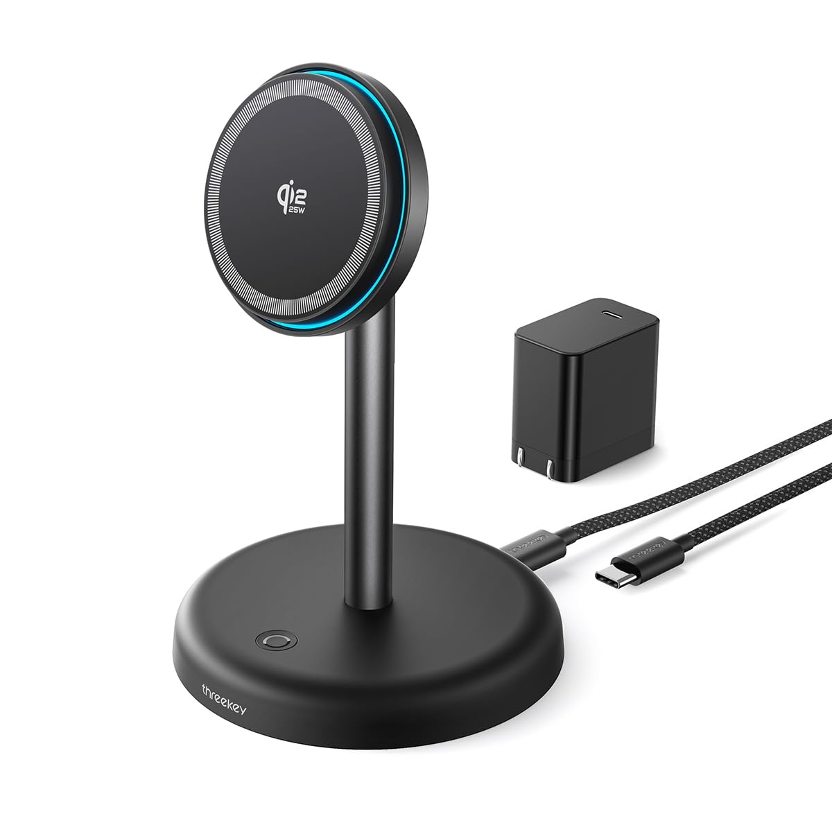THREEKEY for Qi2 Certified 25W Magsafe Charging Stand with Cooling Fan & LED Light, Fast Wireless Charger Station for iPhone 17-12 Series/Galaxy S26-S25【Included 35W Adapter &5ft Cable】
