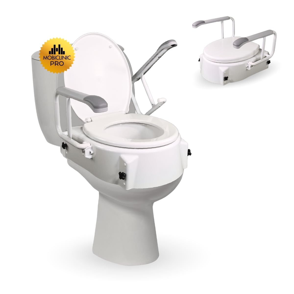 Mobiclinic®, Toilet Seat Lift, Raised Toilet Seat with Lid, Elevated Toilet Seat, 17 cm, Adjustable, Tiltable, Folding Armrests, Bath Aid for The Elderly, White