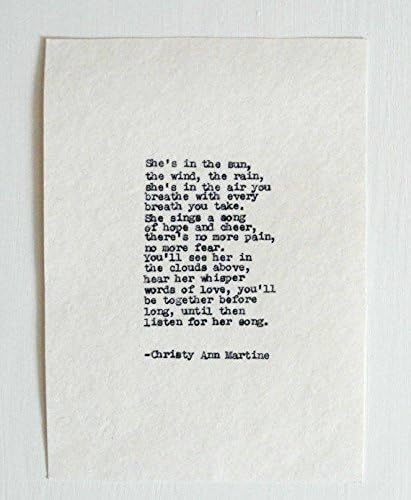 Sympathy Gifts - Loss of Mother Daughter Sister or Grandmother - She's In the Sun Poem Hand Typed by Author
