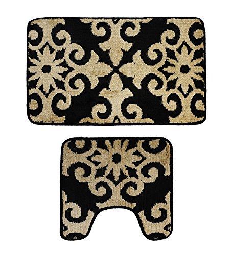 Attraction Design Bathroom 2 Pieces Bath Rug Pedestal Mat Set Contour And Bath Mat Black Beige By Attraction Design Amazon In Home Kitchen