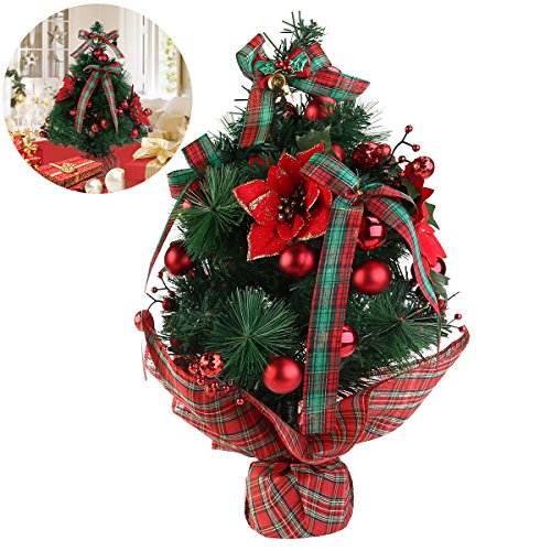 NICEXMAS Mini Tabletop Desktop Christmas Tree with Bows and Baubles Ornaments Decorations, 17.7 inch Tall