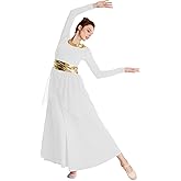 HIHCBF Women Long Sleeve Praise Dance Dress Liturgical Metallic Waistband Wide Swing Chiffon Skirt Worship Lyrical Costume
