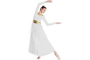 HIHCBF Women Long Sleeve Praise Dance Dress Liturgical Metallic Waistband Wide Swing Chiffon Skirt Worship Lyrical Costume