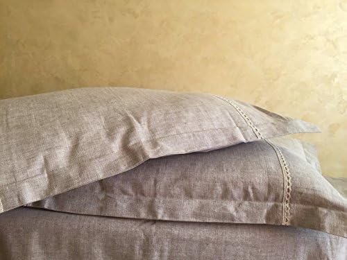 Natural Linen Pillow Sham with Flanges and Lace Decor - Standard, Queen, King, Euro Sizes - Natural, White or Grey Colors