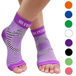 Close-up image of BLITZU Compression Socks in purple, featuring an ankle compression sleeve with arch support for plantar fasciitis and Achilles tendonitis relief. Eight colored circles indicate the socks are available in a variety of colors.