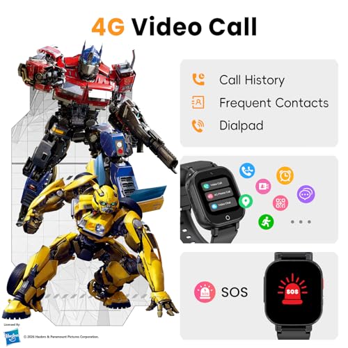 Transformers Montre GPS Enfant avec 4G Appel Vidéo, GPS, SOS, Chat Vocal, IP68 Étanche, Mode École, Podomètre, Réveil, Chronomètre, Montre Telephone pour Garçons et Filles de 4 à 12 Ans Cadeau, Noir