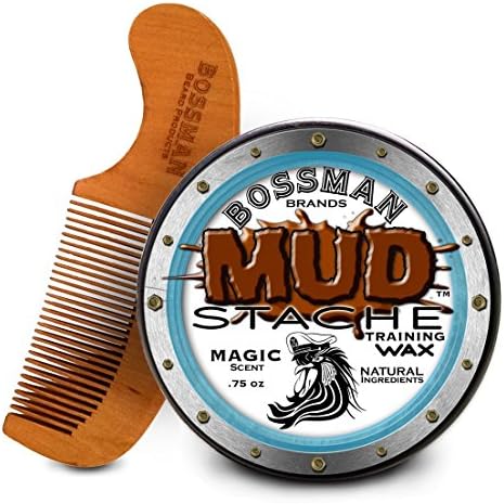 MUDstache Mustache Care Package featuring .75 oz Easy applying Water based mustache wax and pear wood beard/mustache comb (Magic Scent) by Bossman Brands