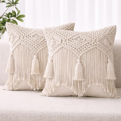 Folkulture Cushion Covers 45 x 45, Macrame Pillow Covers, Farmhouse Bohemian Pillow Covers for Bed, Couch or Sofa, Sofa Cushions, Bolster Cushion, Decorative Home Accessories, Set of 2, White