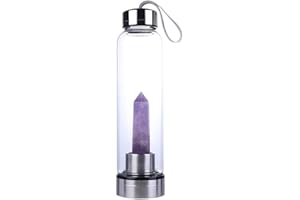 Queemie Natural Amethyst Crystal Water Bottle, Stainless Steel Glass Purple Quartz Gemstone Obelisk Wand Energy Cup Sports Cup for Healing Wellness 550ml